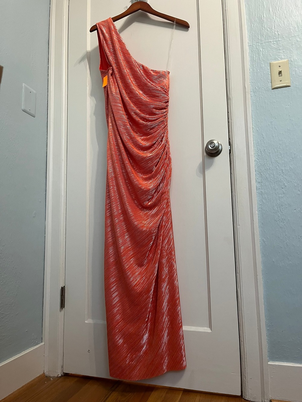 Candalite One Shoulder Metallic Plisse Maxi Dress Orange Ruched Side Slit XL NWT